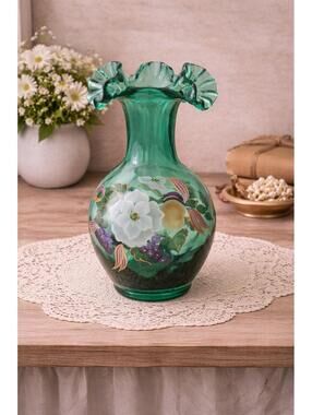 Fenton Spruce Green Magnolia & Berry Vase Signed Fenton 1996 Hand Painted #353